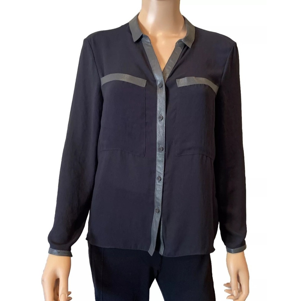 Helmut Lang Leather‎ Trim Blouse Womens S Vneck Designer Sheer Black As Seen On